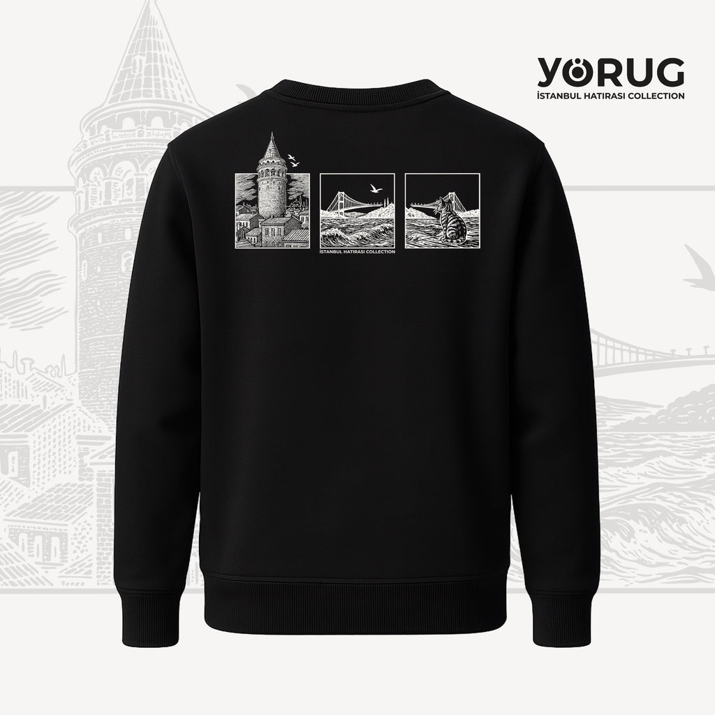 Black Crew Neck Sweatshirt with Galata Tower
