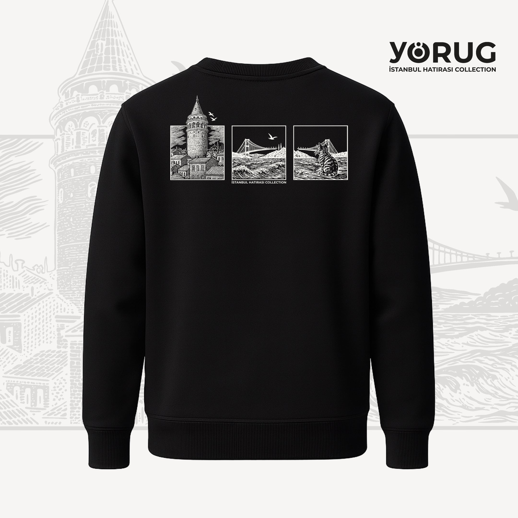 Siyah Bisiklet Yaka Sweatshirt Galata Kulesi