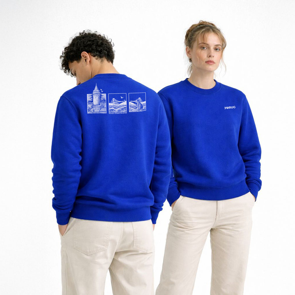 Saks Blue Crew Neck Sweatshirt with Galata Tower and Cat