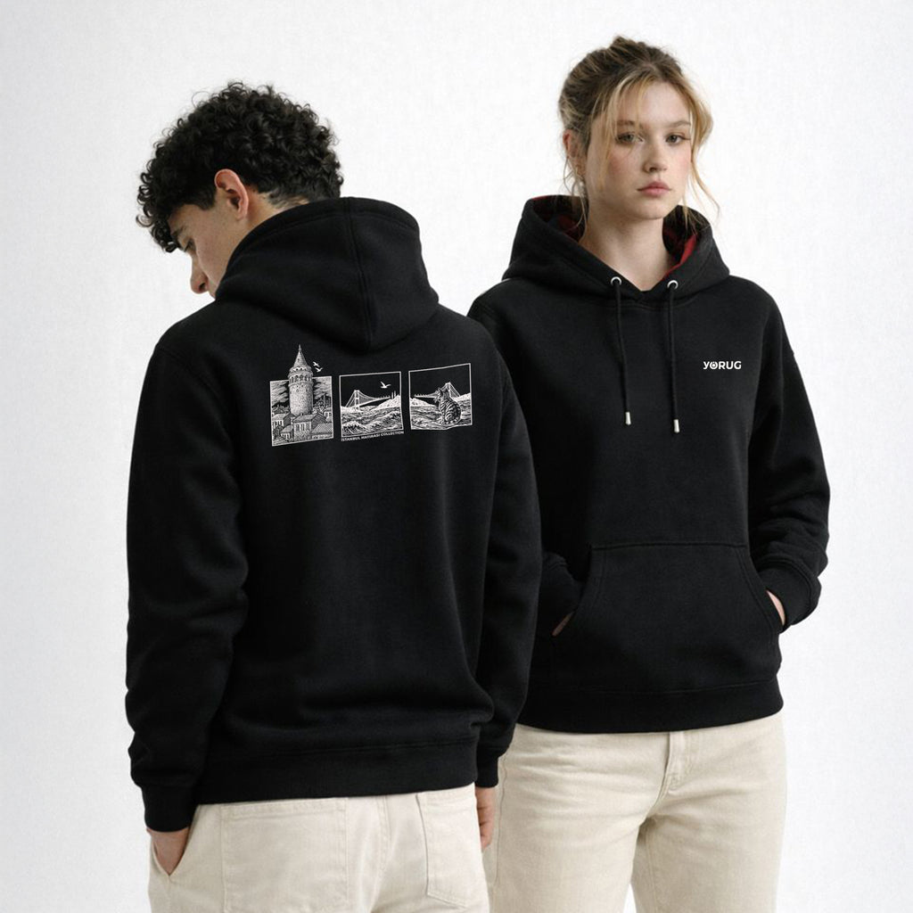 Black Unisex Hoodie with Galata Tower and Cat