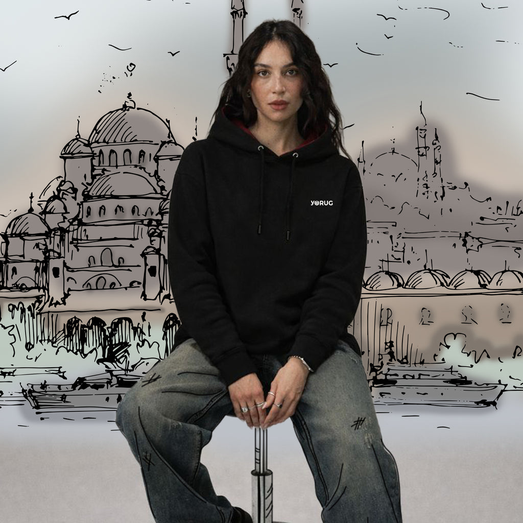 Black Unisex Hoodie with Galata Tower and Cat