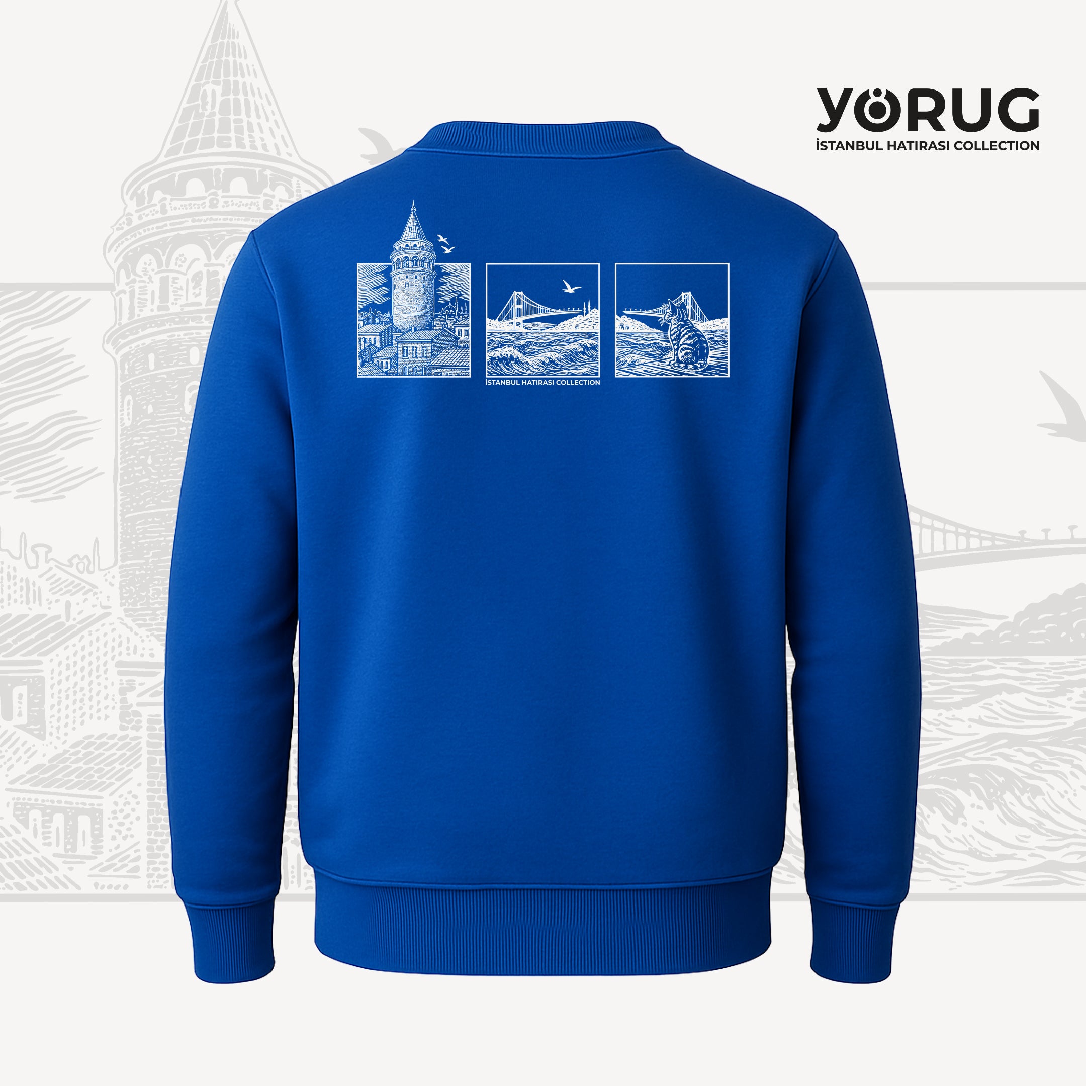 Taş Gri Bisiklet Yaka Sweatshirt Galata Kulesi