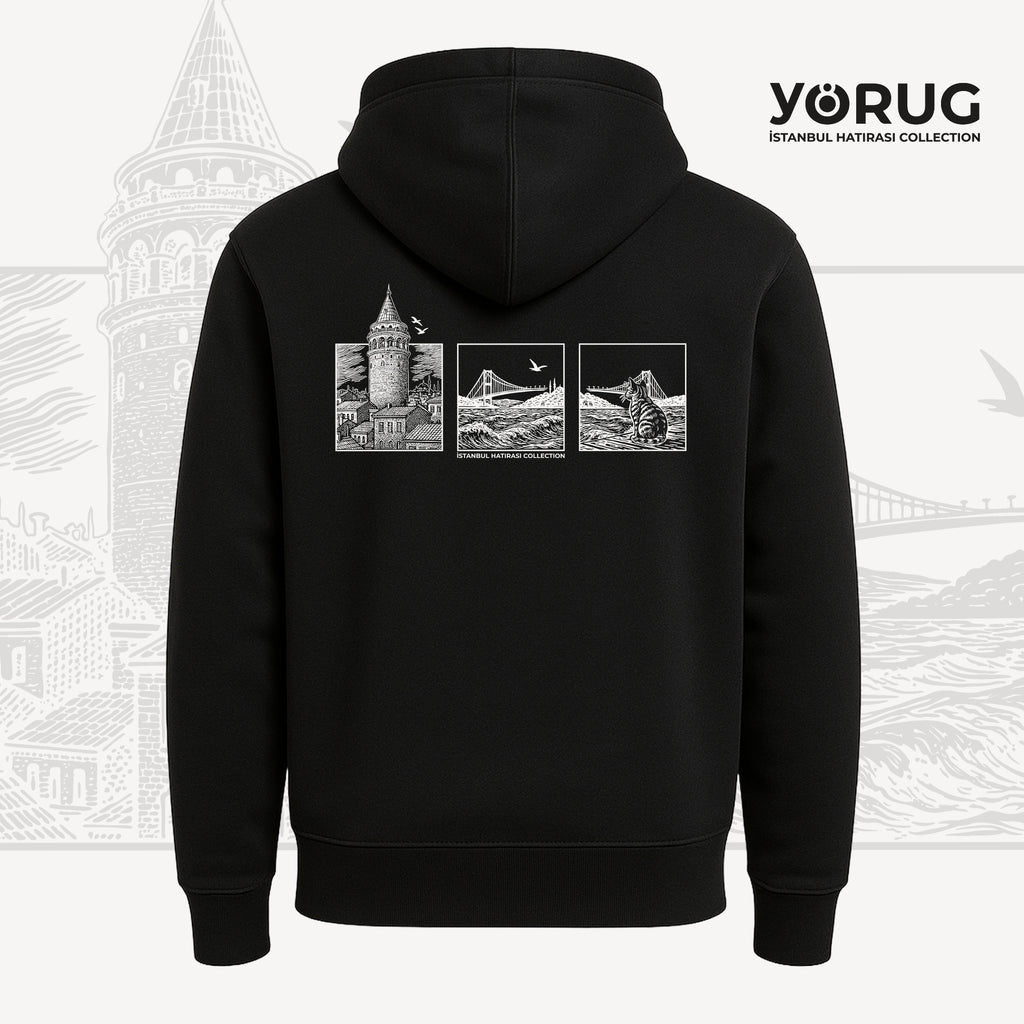 Black Unisex Hoodie with Galata Tower and Cat
