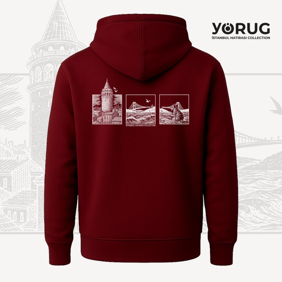 Bordo Unisex Hoodie Galata Kulesi & Kedi