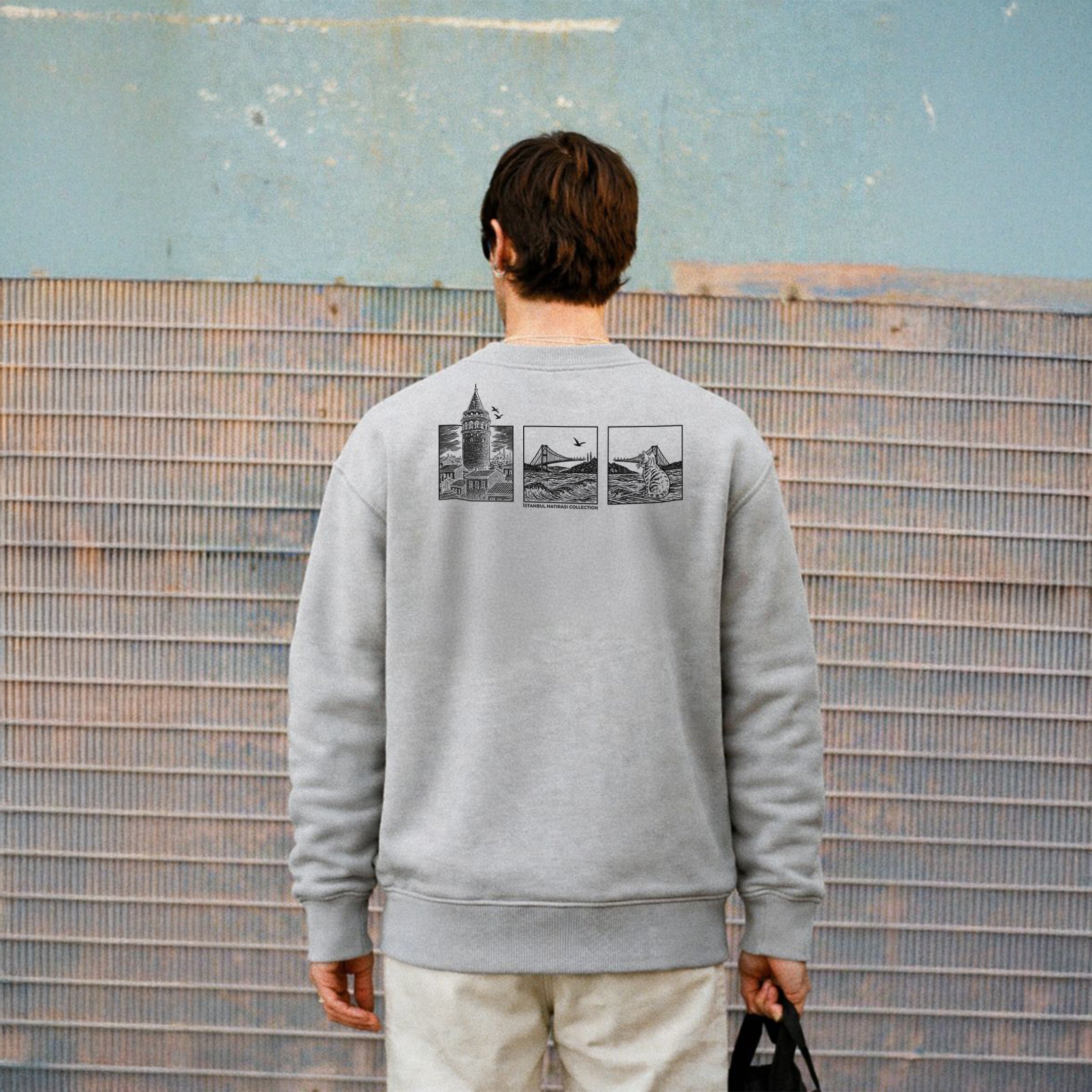 Taş Gri Bisiklet Yaka Sweatshirt Galata Kulesi